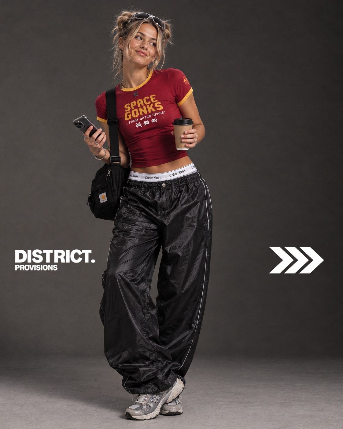 Liberty wearing the exclusive YEAH ZEUS SPACE GONKS T-shirt from the latest delivery at DISTRICT. PROVISIONS.